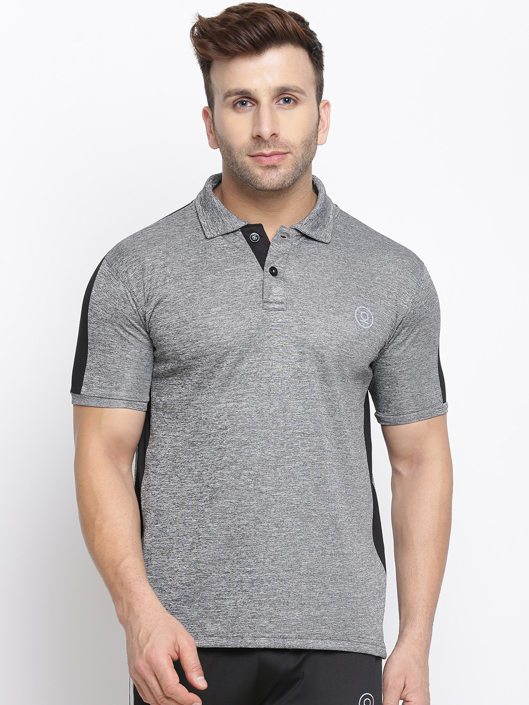 CHKOKKO Men Grey Solid Polo Collar Dry Fit Streachable Training T-shirt