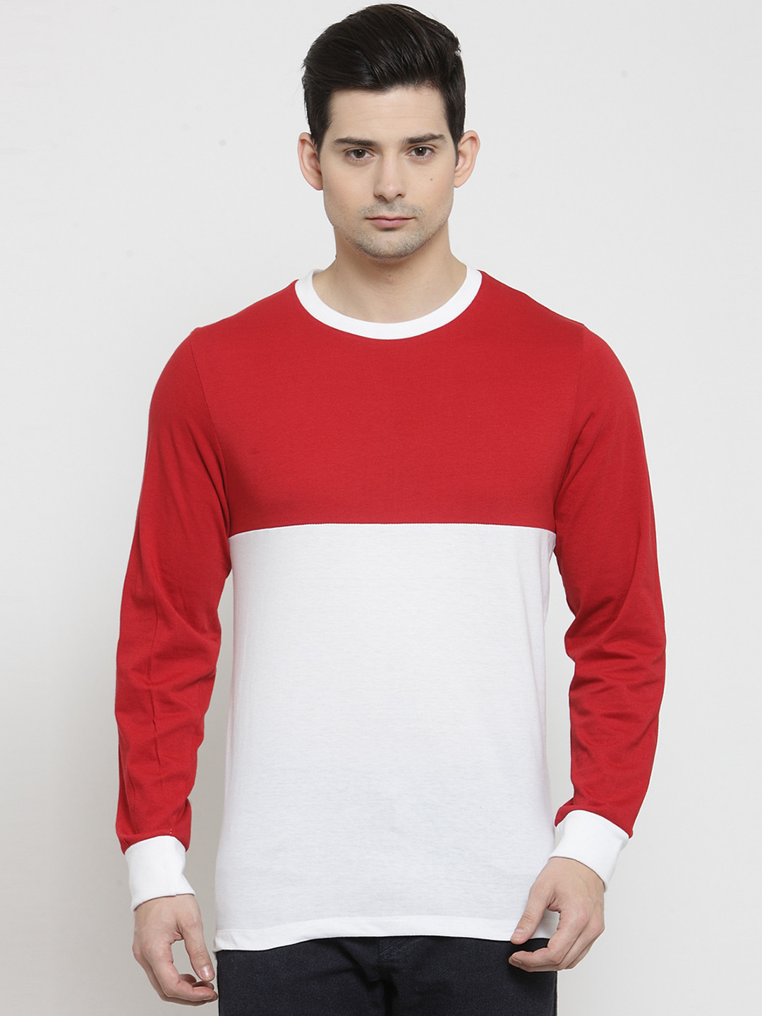 Kalt Men Red & White Colourblocked Round Neck T-shirt