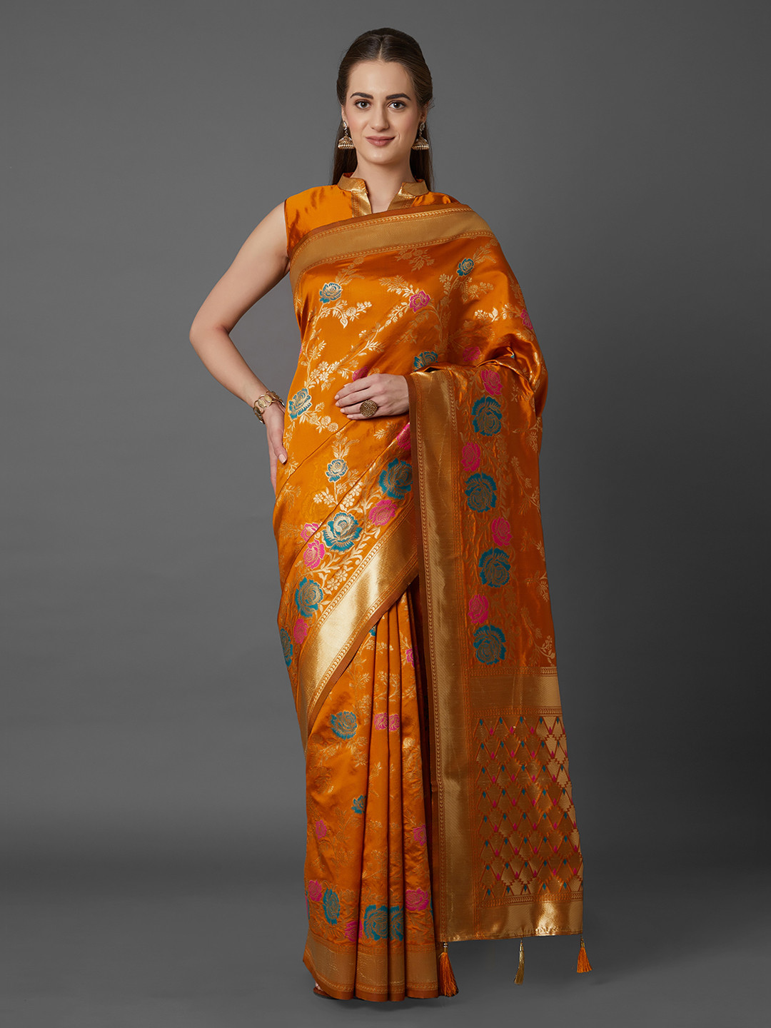 Mitera Orange Silk Blend Woven Design Half & Half Kanjeevaram Saree