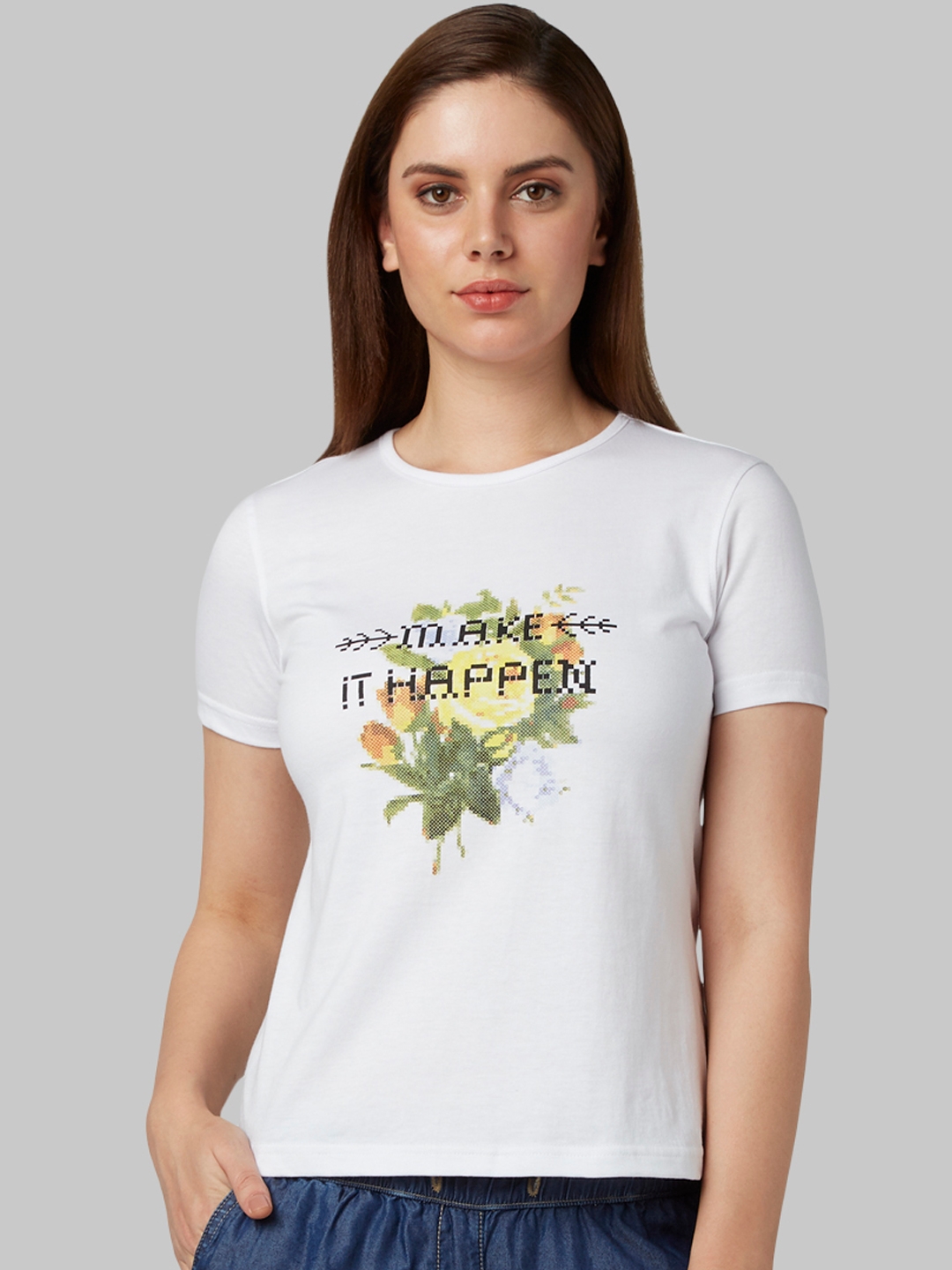 Park Avenue Woman White Printed Round Neck T shirt