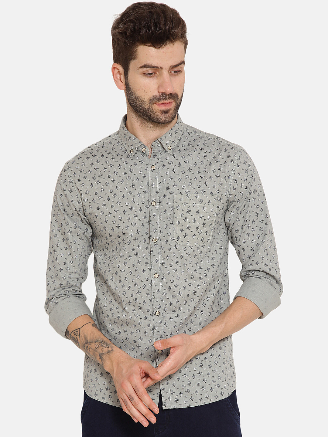 IVOC Men Grey Slim Fit Printed Casual Shirt