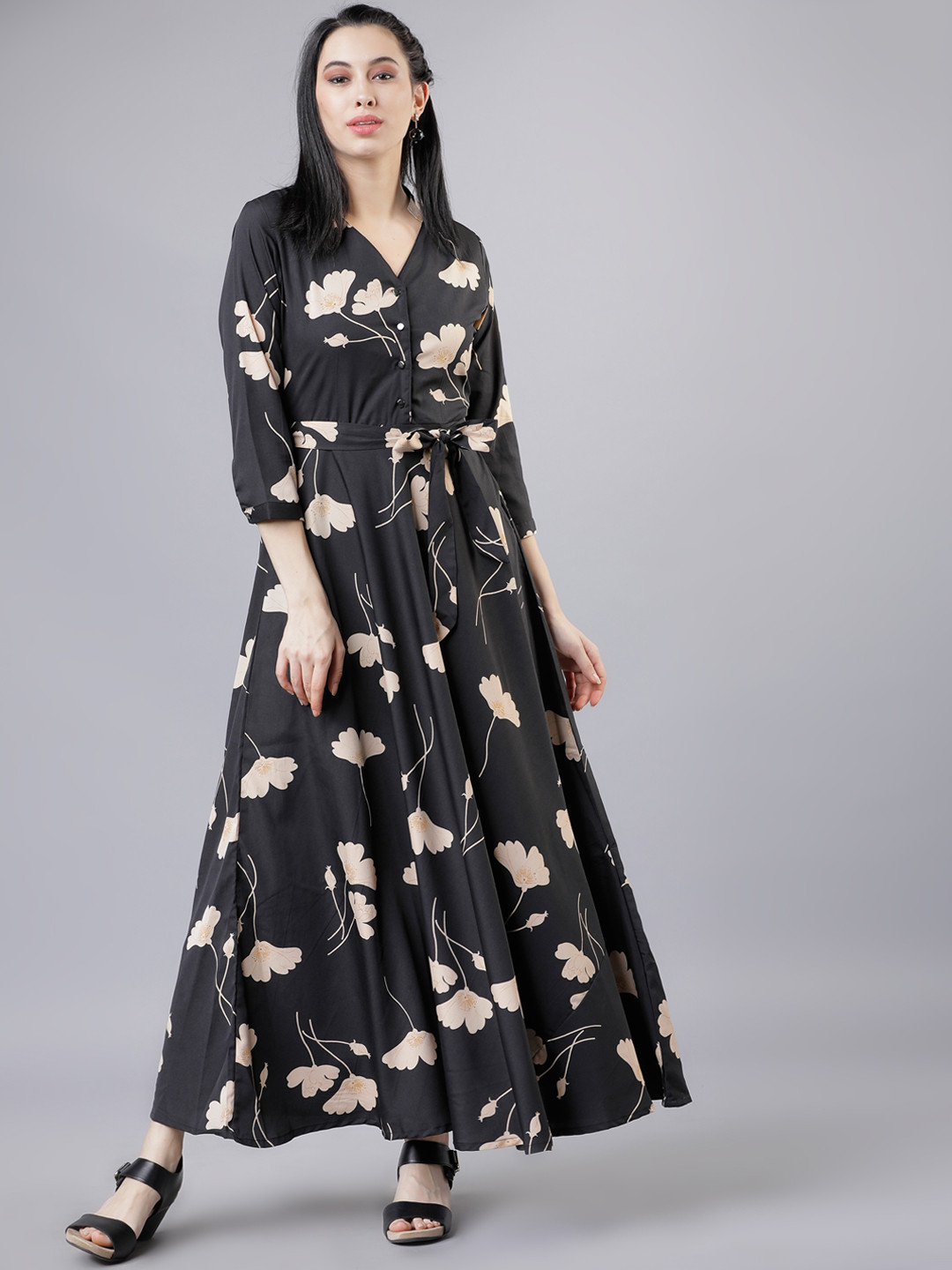 Tokyo Talkies Women Black & Beige Floral Print Maxi Dress
