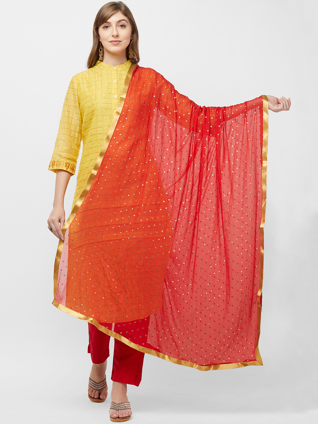 Dupatta Bazaar Red & Gold-Coloured Woven Design Dupatta