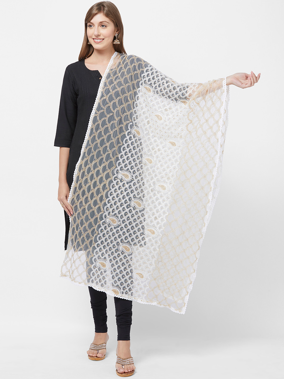 Dupatta Bazaar Off-White & Gold-Toned Embroidered Dupatta