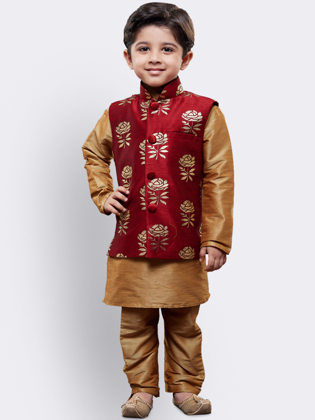 JBN Creation Boys Gold-Toned & Maroon Self Design Kurta with Churidar