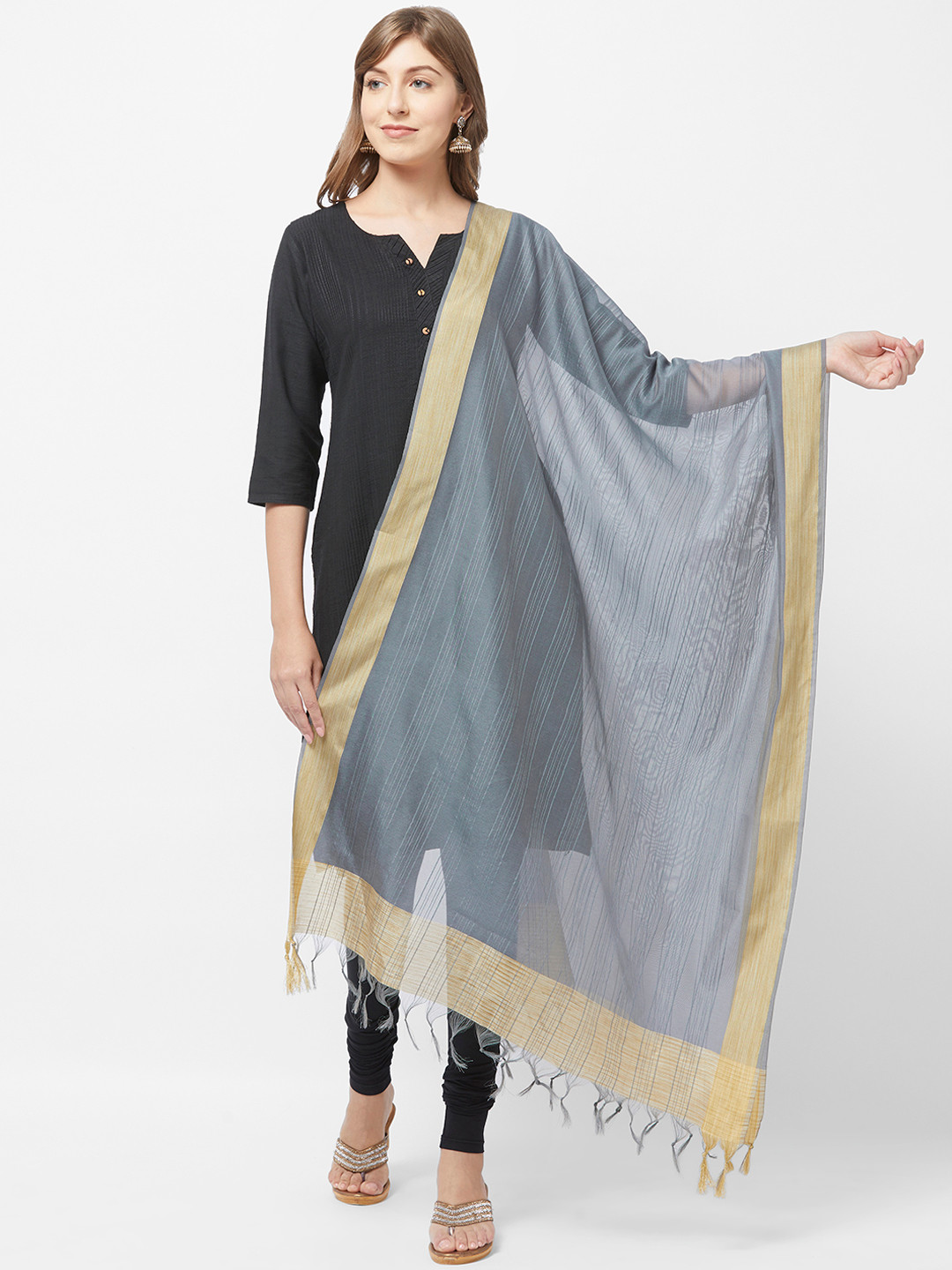 Dupatta Bazaar Grey & Gold-Coloured Striped Dupatta
