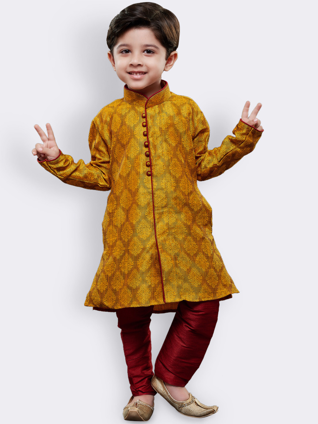 JBN Creation Boys Yellow & Maroon Self Design Kurta with Churidar
