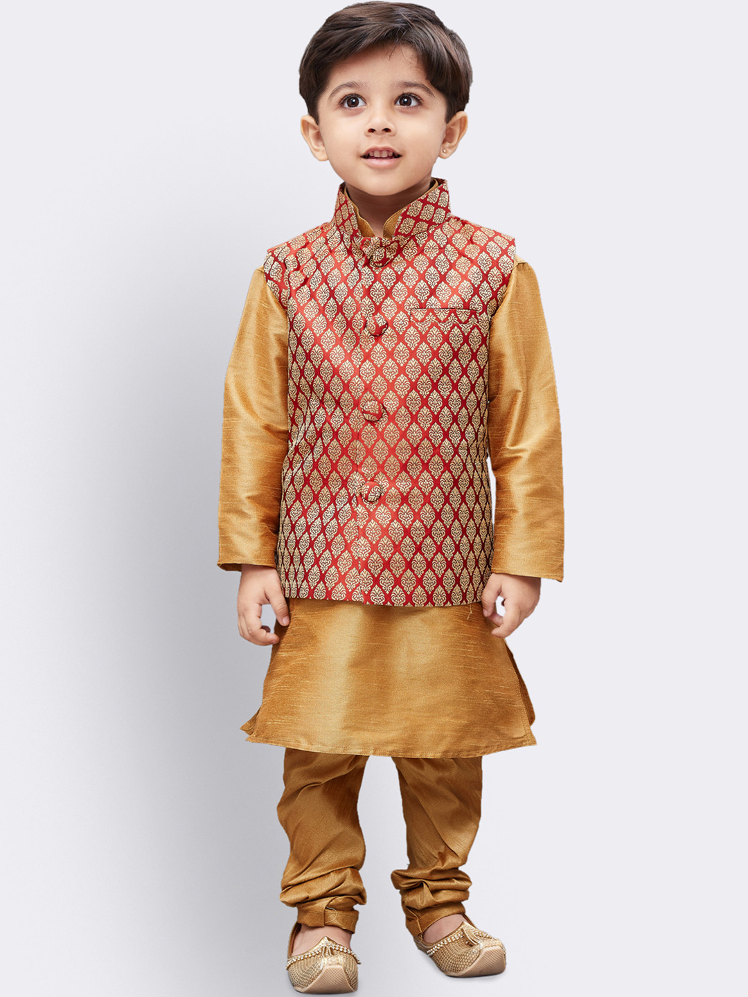 JBN Creation Boys Gold-Toned & Red Solid Kurta with Churidar & Nehru Jacket