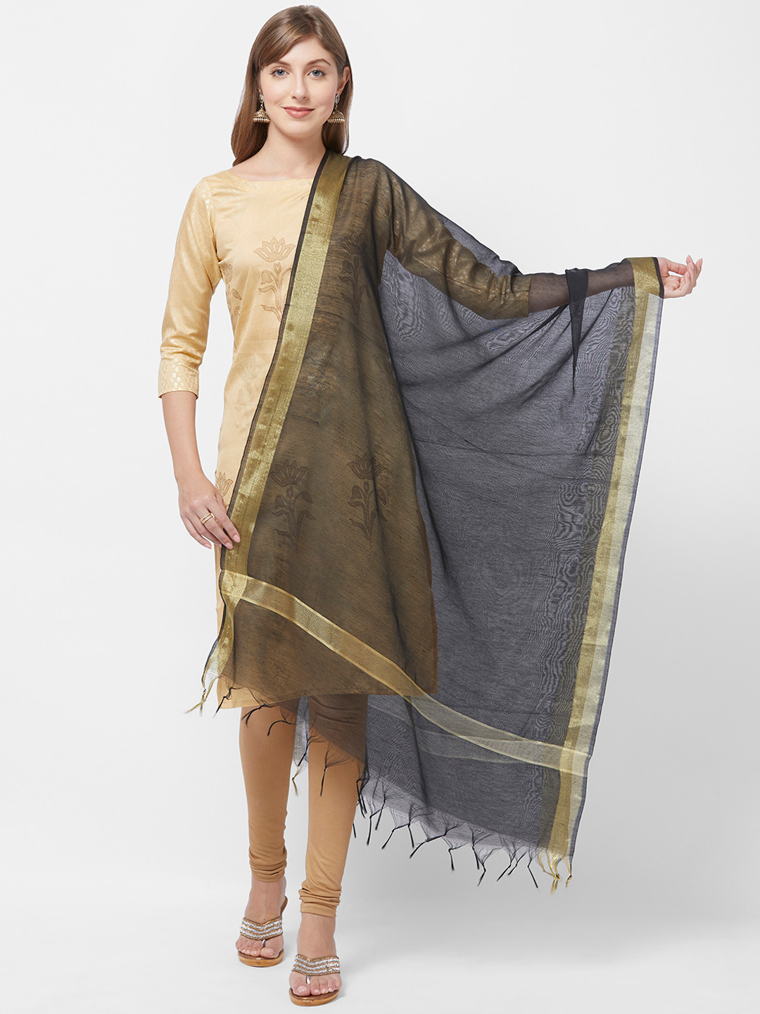 Dupatta Bazaar Women Black & Gold-Toned Solid Dupatta