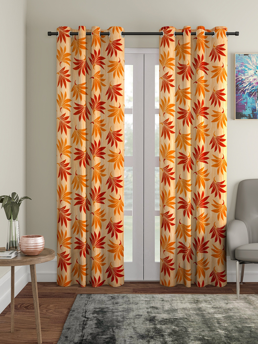 Cortina Orange Set of 2 Floral Printed Door Curtains