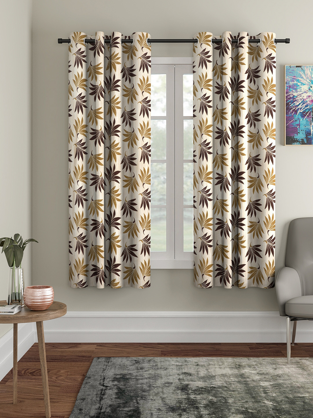 Cortina Brown Set of 2 Floral Printed Window Curtains