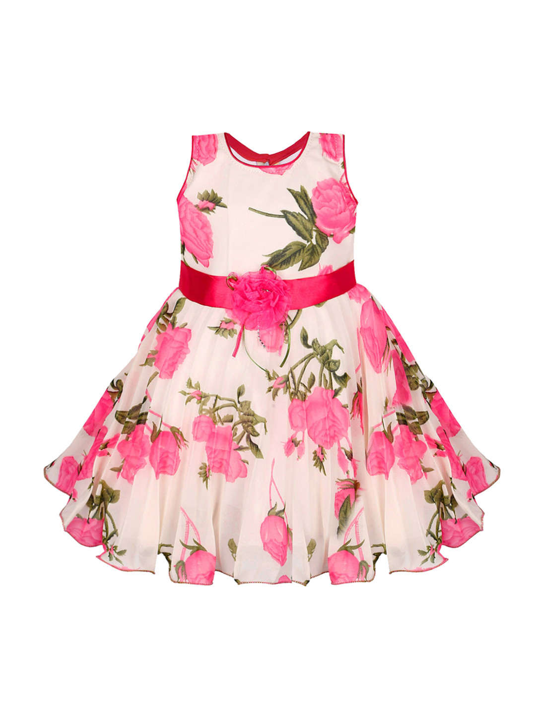 Wish Karo Girls Pink & Cream-Coloured Floral Printed Fit and Flare Dress