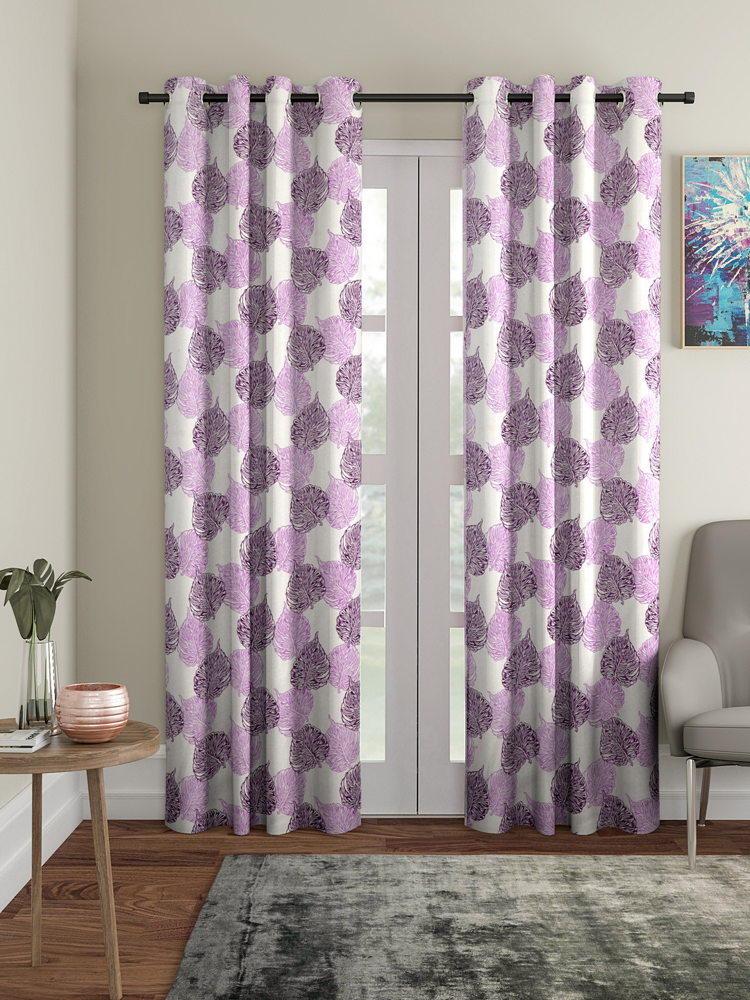 Cortina Purple & White Set of 2 Leaf Printed Long Door Curtains