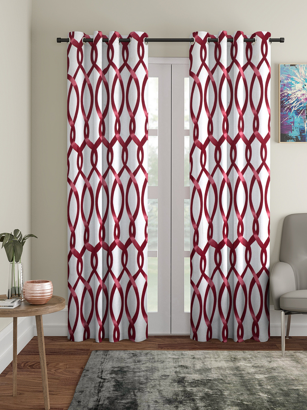 Cortina Maroon & White Set of 2 Abstract Printed Long Door Curtains