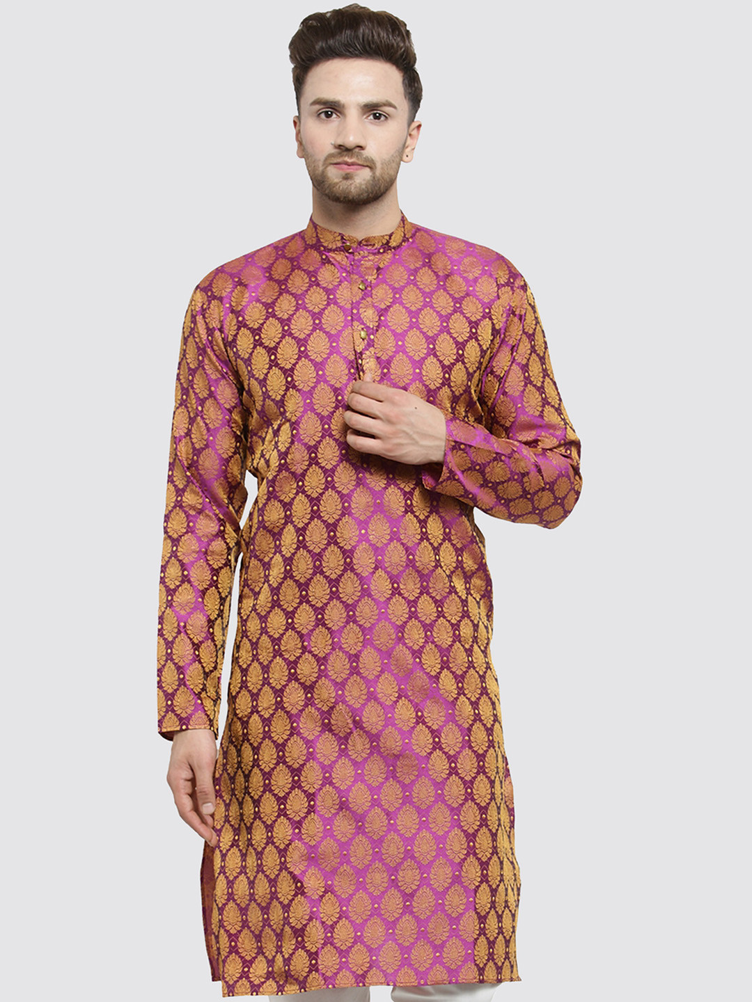 Jompers Men Pink & Yellow Woven Design Straight Kurta