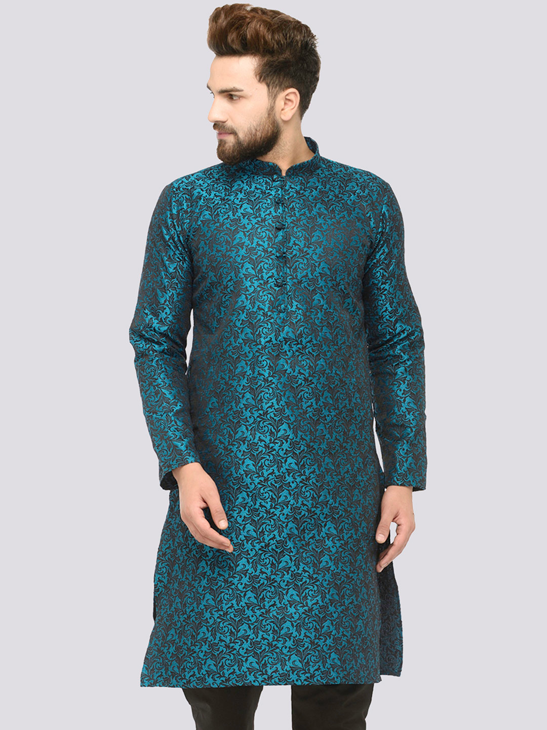 Jompers Men Green & Black Woven Design Straight Kurta