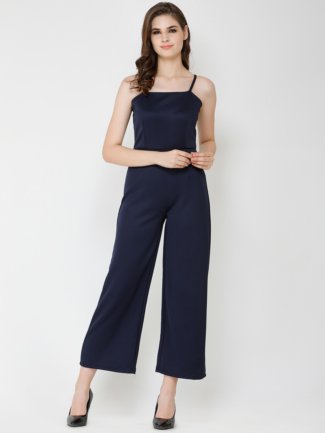 Cation Women Navy Blue Solid Basic Jumpsuit