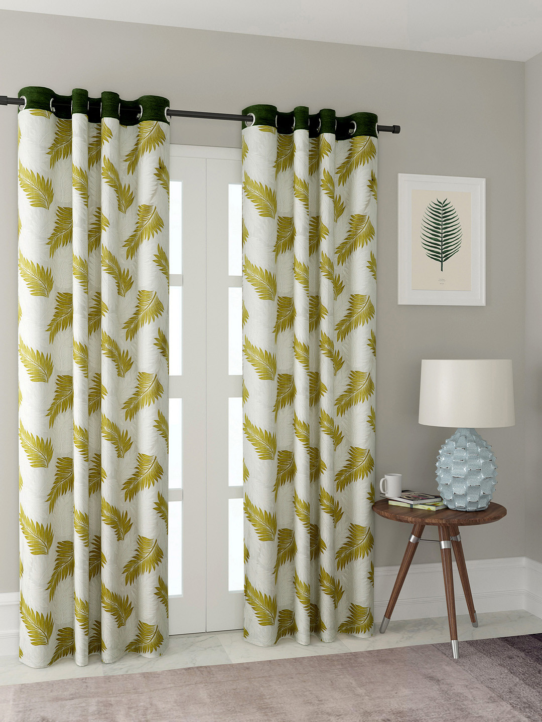 Cortina White & Green Set of 2 Printed Long Door Curtains