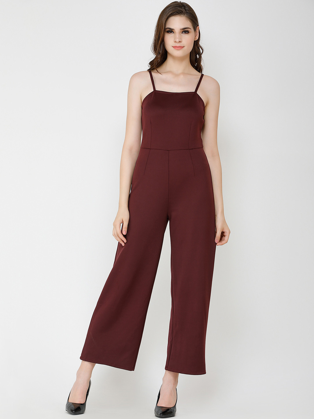 Cation Women Maroon Solid Basic Jumpsuit