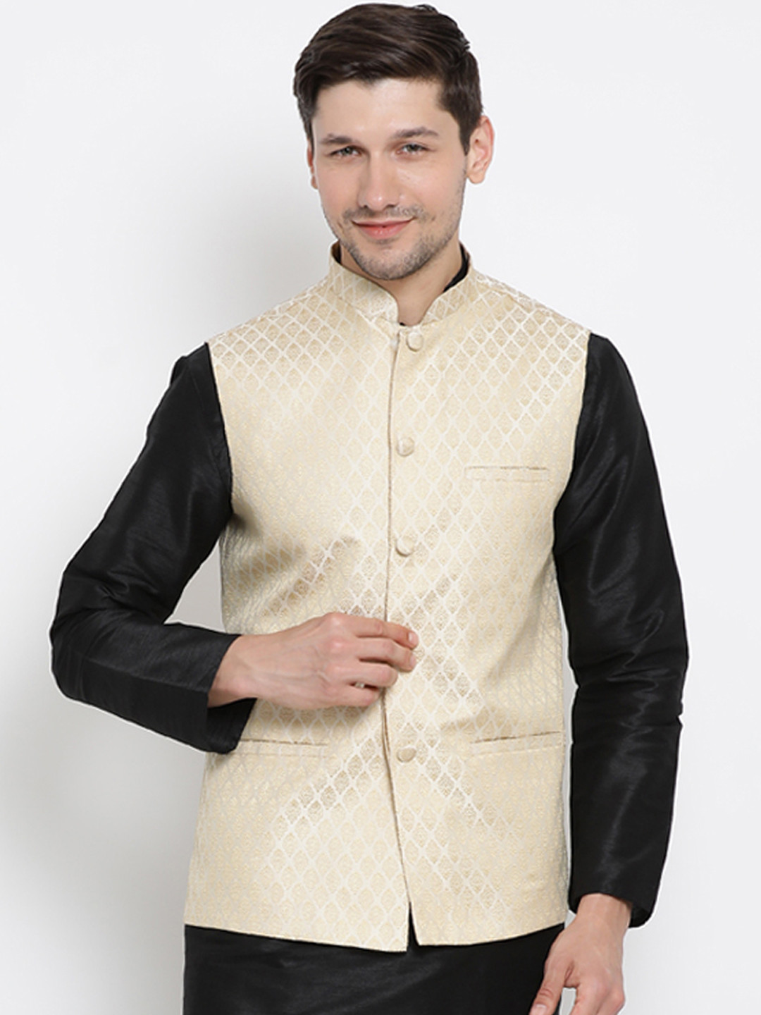 VASTRAMAY Men Cream-Coloured Woven Design Nehru Jacket