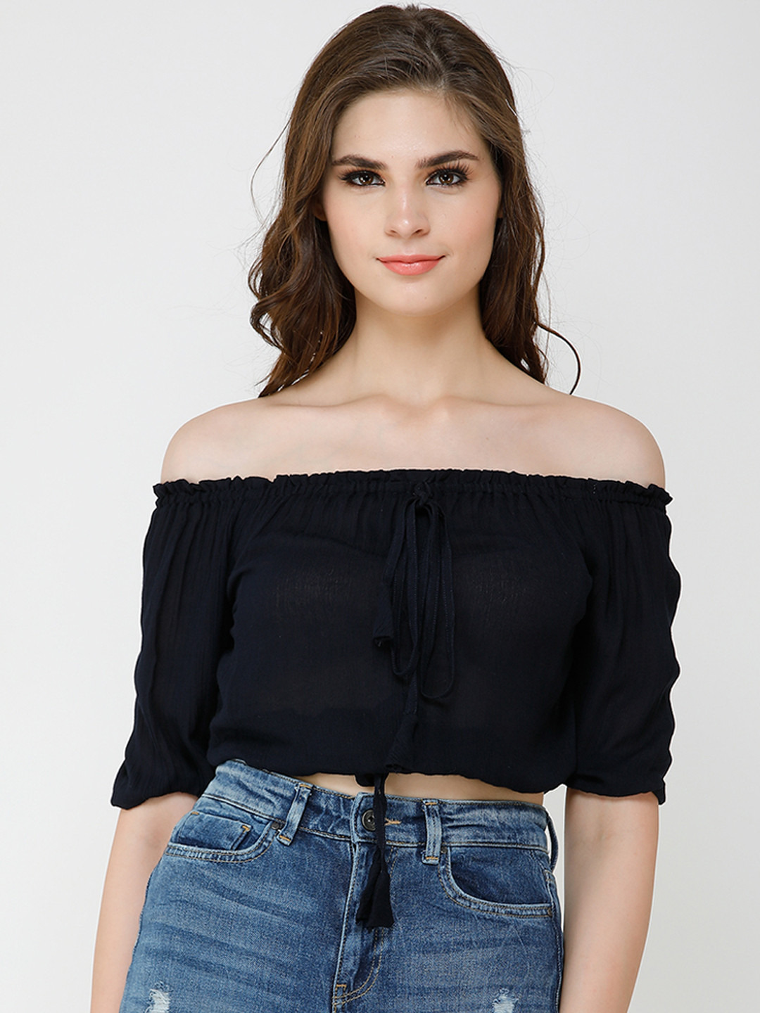 Cation Women Navy Blue Solid Bardot Crop Top