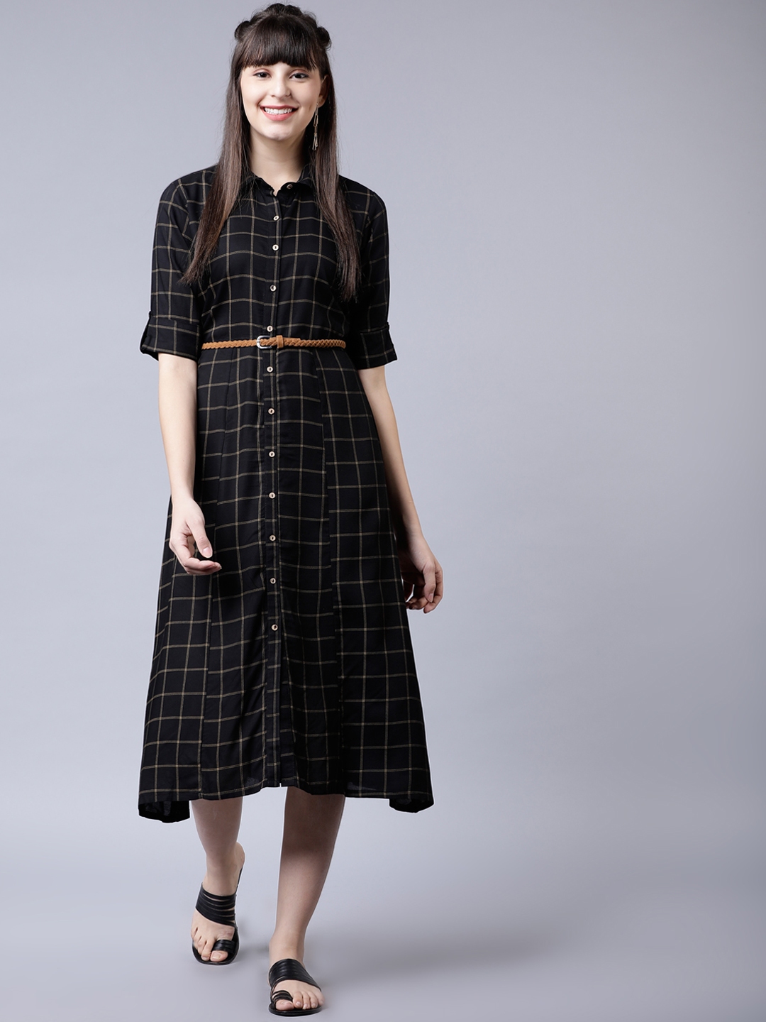 Vishudh Black & White Checked Shirt Dress With Belt