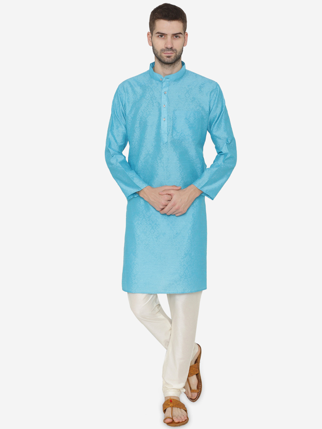 Wintage Men Turquoise Blue Woven Design Straight Kurta