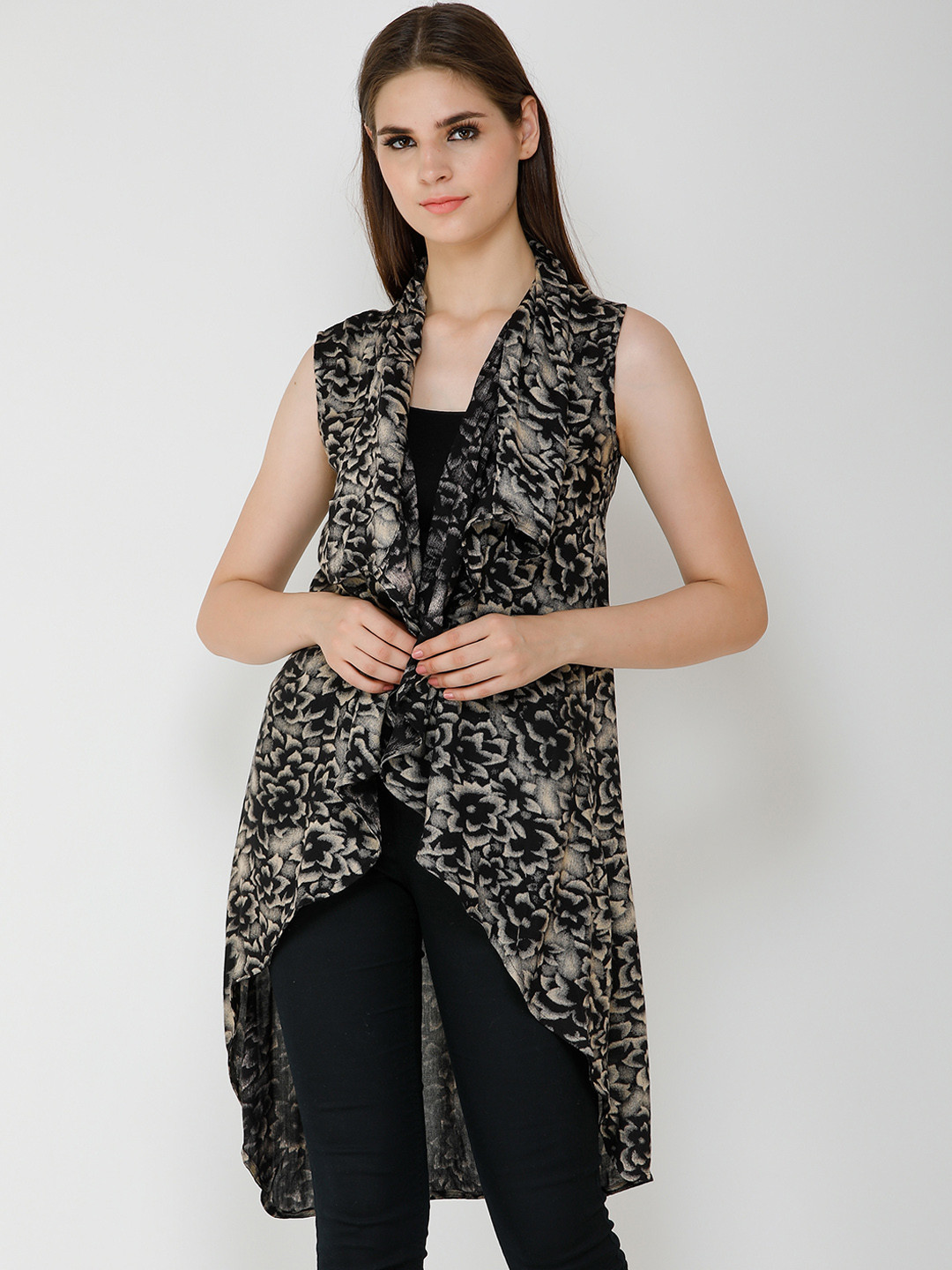 Cation Women Black & Beige Printed Open Front Shrug
