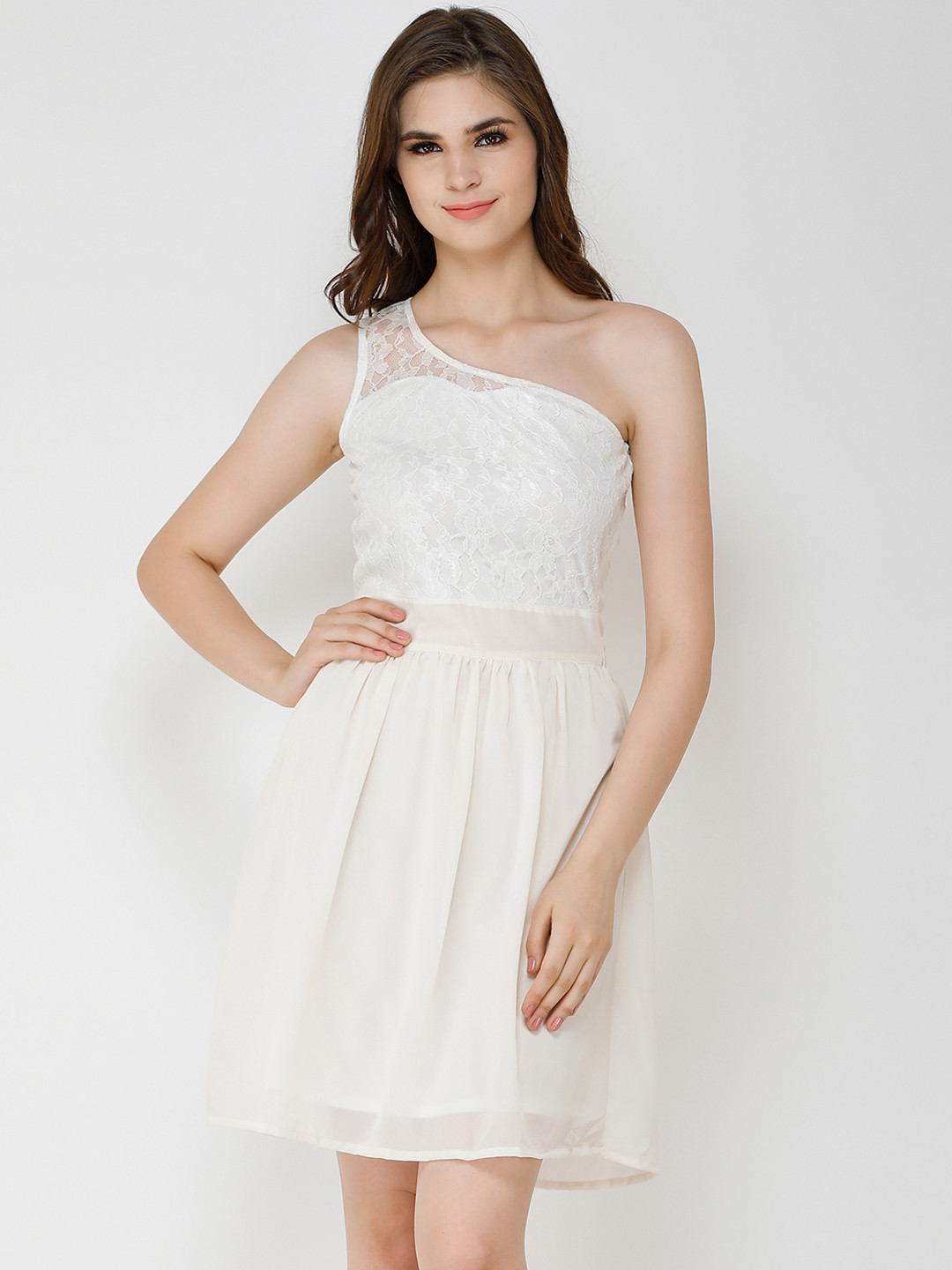 Cation Women White Self Design Fit and Flare Dress