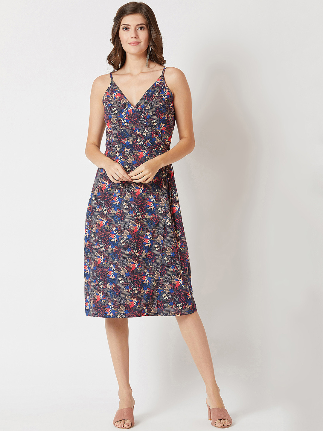 Miss Chase Women Navy Blue Floral Print Wrap Dress