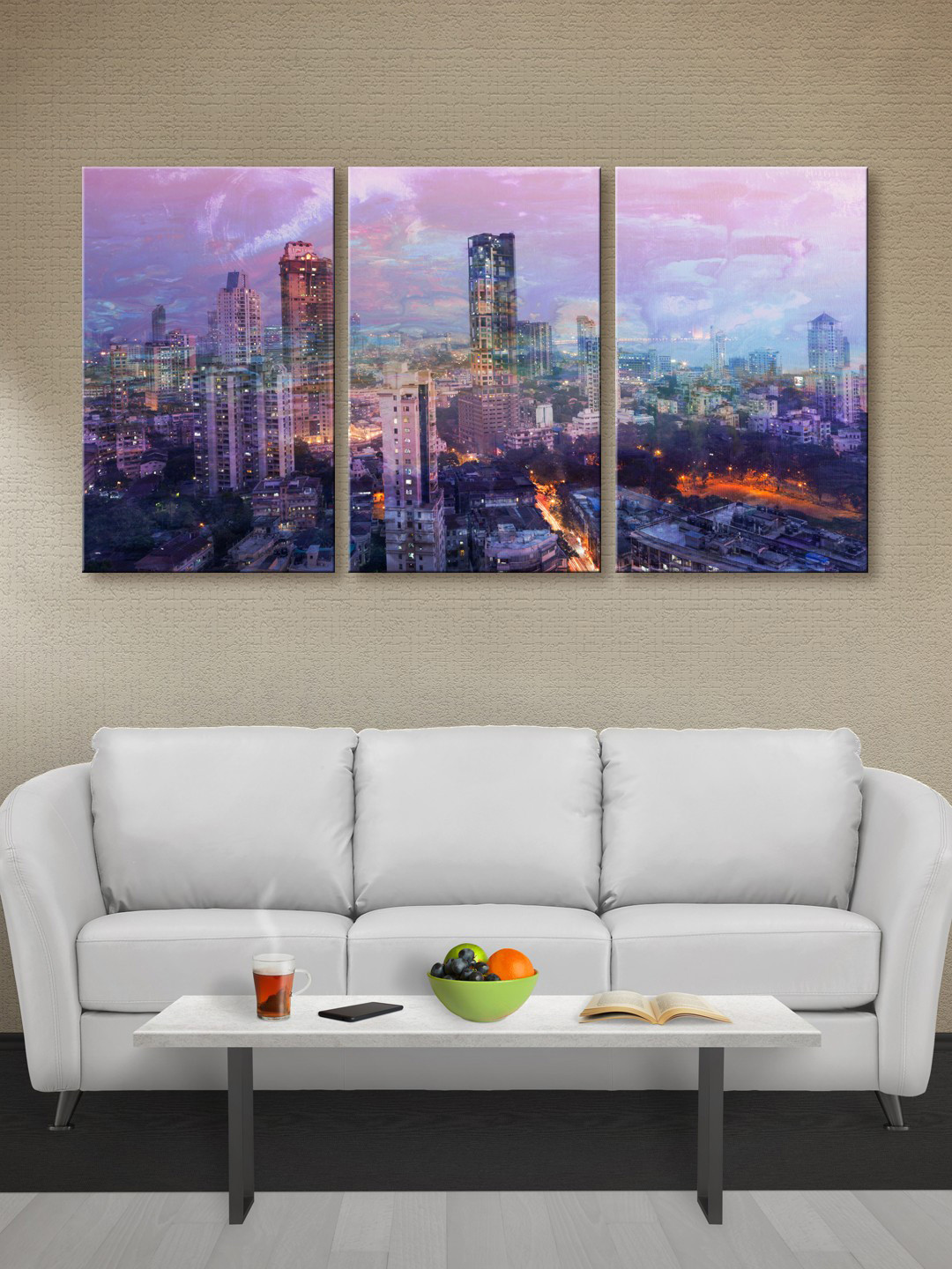 999Store Violet Set of 3 Modern City View Canvas Wall Art