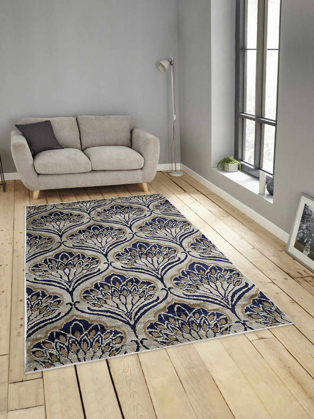PRESTO Blue & Beige Printed Hand-Tufted Anti-Skid Polyester Carpet