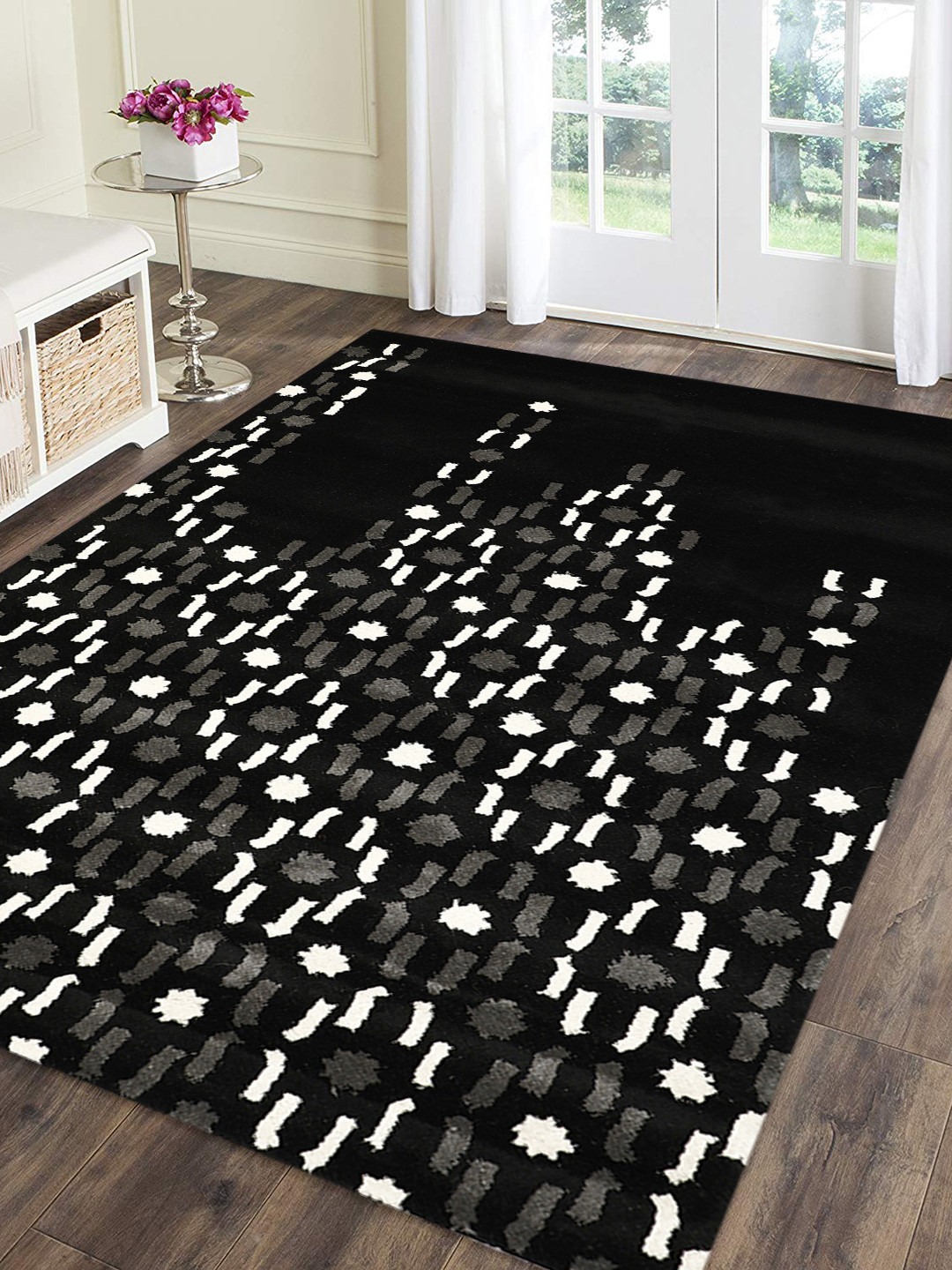 PRESTO Black & Grey Printed Hand-Tufted Anti-Skid Woolen Carpet