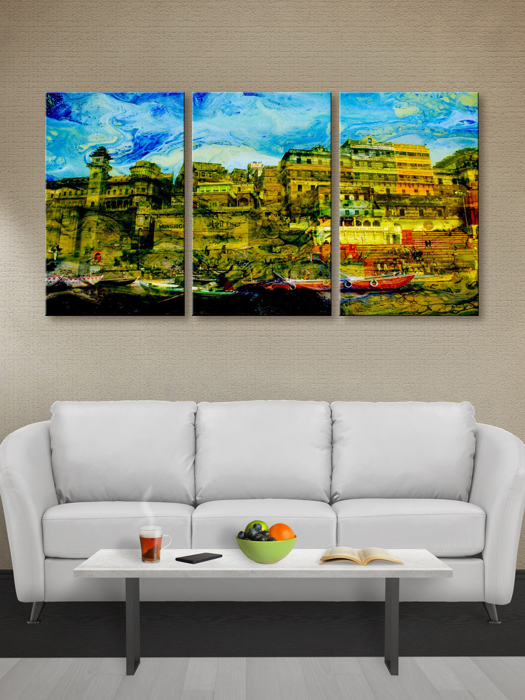 999Store Set of 3 Green & Blue Banaras Ghat Canvas Wall Art