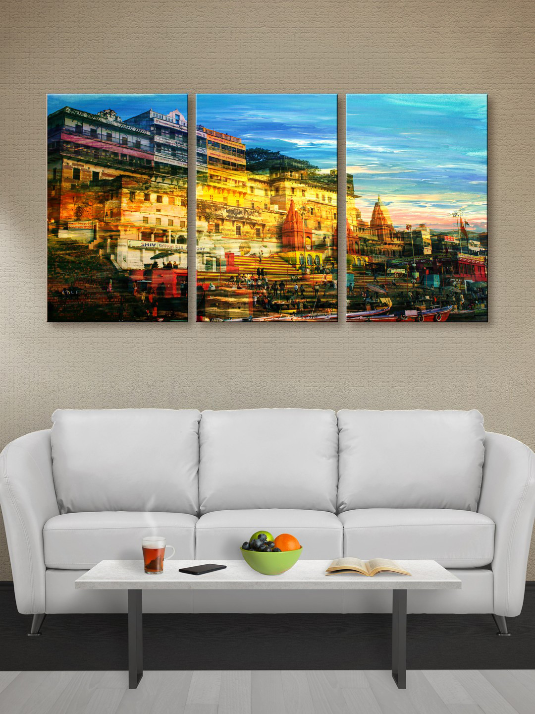 999Store Banaras Ghat Canvas 3 Pcs Wall Rectangle Paintings Wall Art - 30x18In