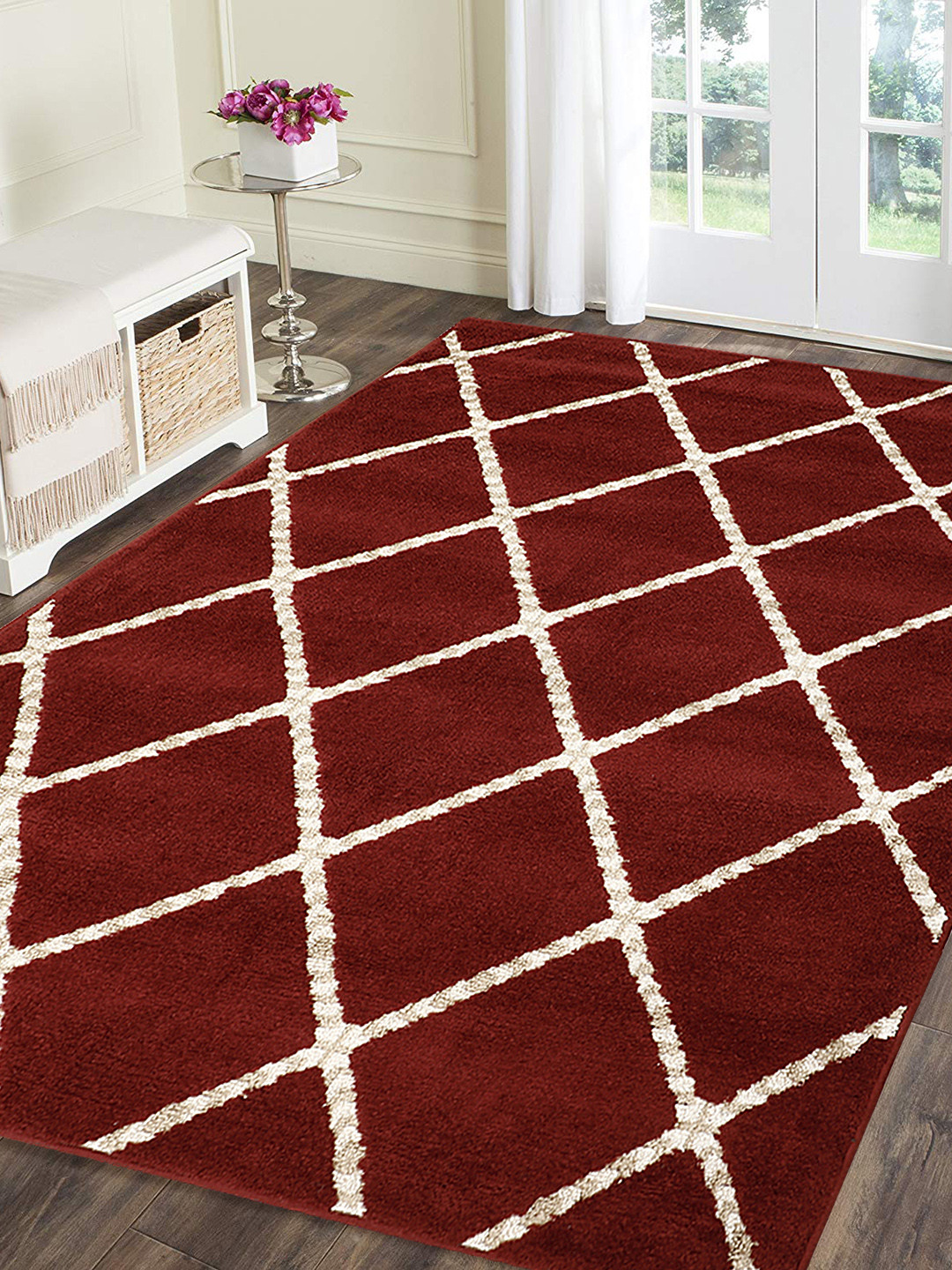 PRESTO Maroon & Beige Printed Hand-Tufted Anti-Skid Polyester Carpet
