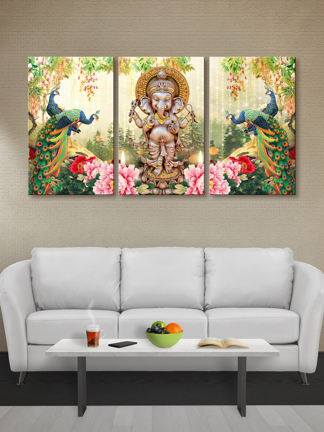999Store Lord Ganesha Canvas 3 Piece Wall Rectangle Paintings Wall Art - 30 x 18In