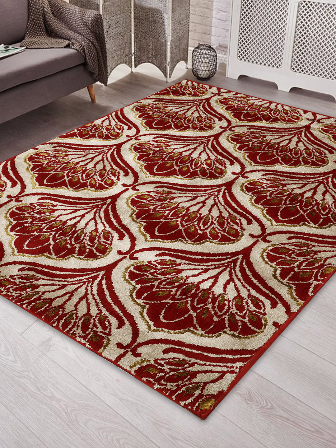 PRESTO Red & Beige Printed Hand-Tufted Anti-Skid Polyester Carpet