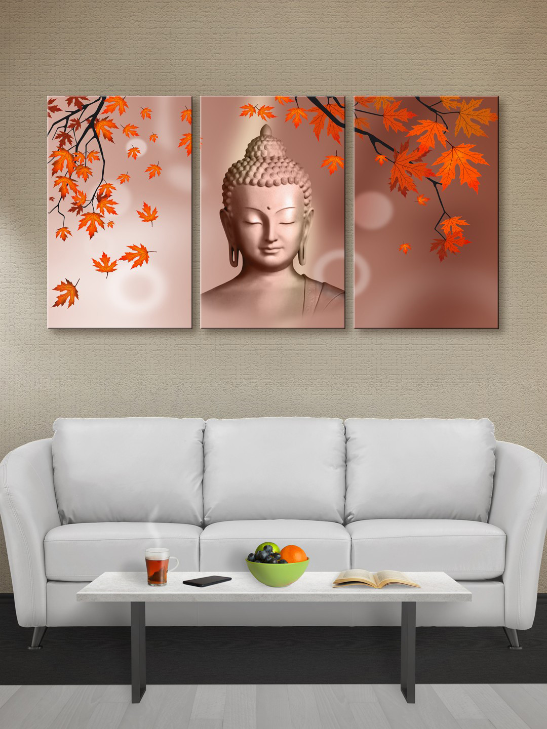 999Store Brown & Orange Set of 3 Meditating Lord Buddha Canvas Wall Art