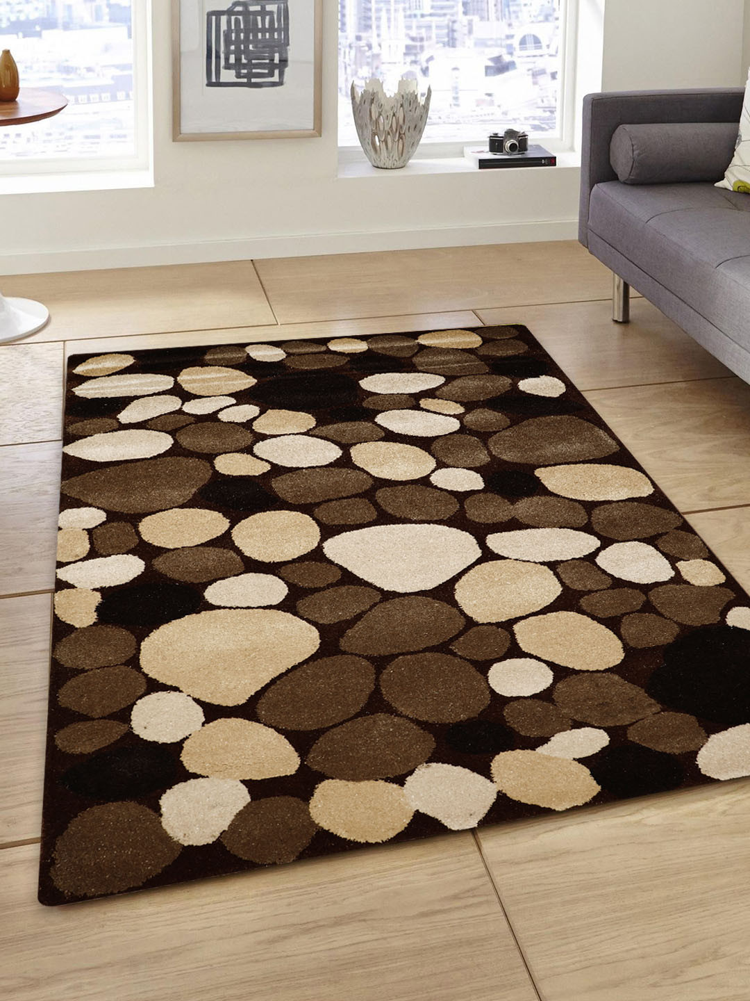 PRESTO Brown & Beige Printed Hand-Tufted Anti-Skid Woolen Carpet