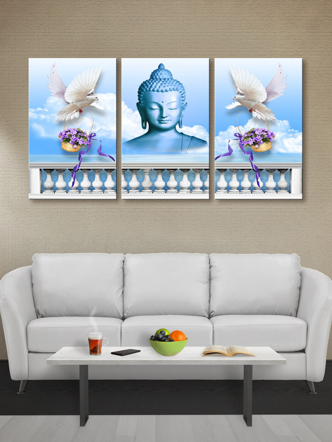 999Store Set of 3 Blue & White Lord Buddha Canvas Wall Art