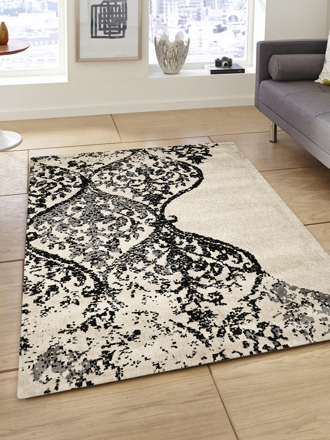 PRESTO Beige & Black Printed Hand-Tufted Anti-Skid Polyester Carpet