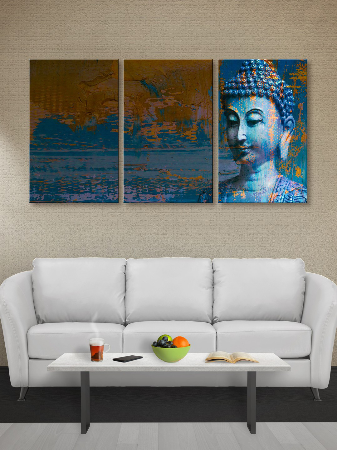 999Store Set of 3 Blue & Brown Lord Buddha Canvas Wall Art