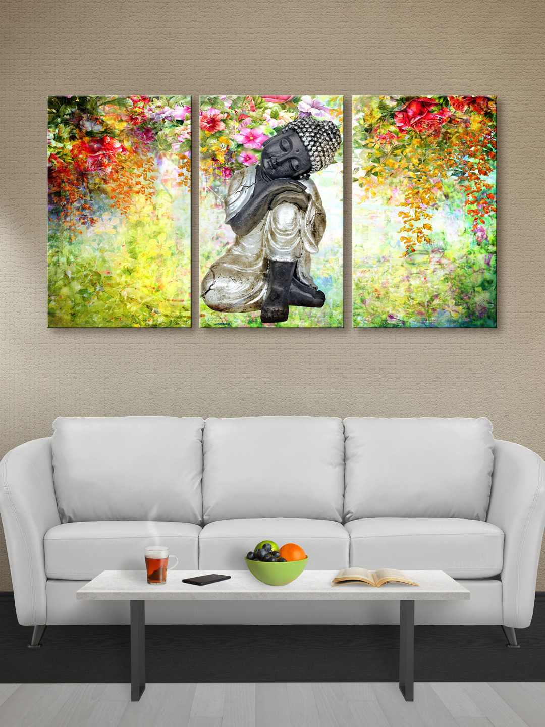999Store Flowers and buddha Canvas 3 Piece Wall Rectangle Paintings Wall Art -18 x 30 In