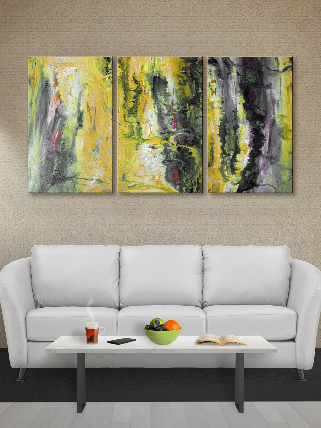 999Store Set of 3 Yellow & Grey Abstract Canvas Wall Art
