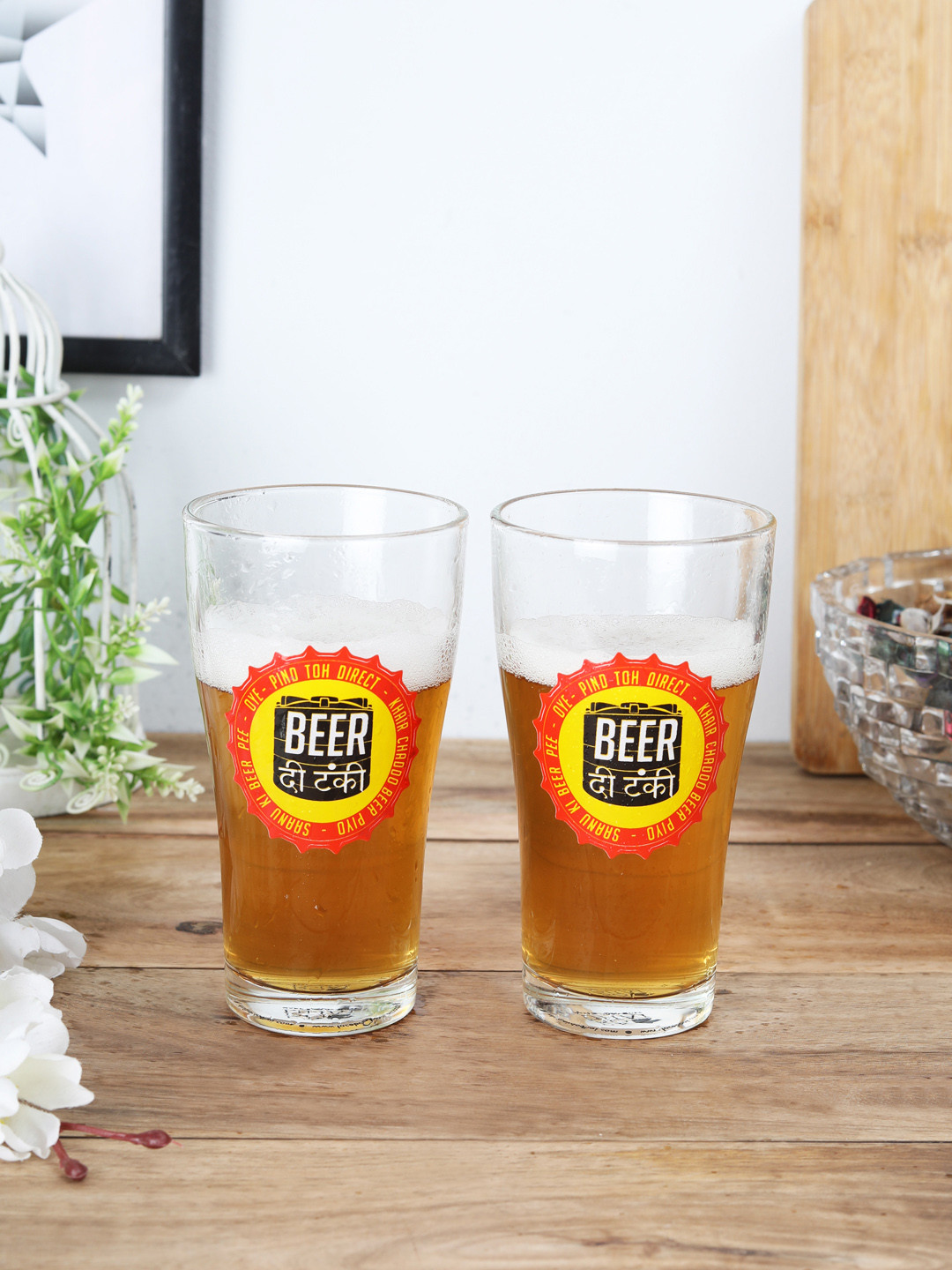 EK DO DHAI Set of 2 Printed Transparent Beer Glasses 360 ml