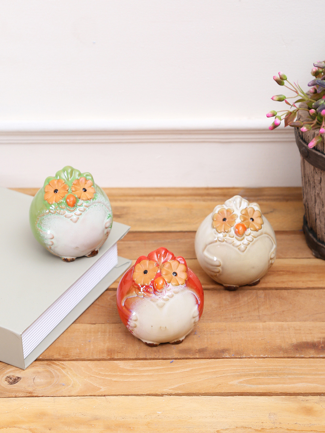 TAYHAA Owl Trio Multicoloured Ceramic Matte Study Room Set of 3 Medium Showpieces - 2.8 Inches