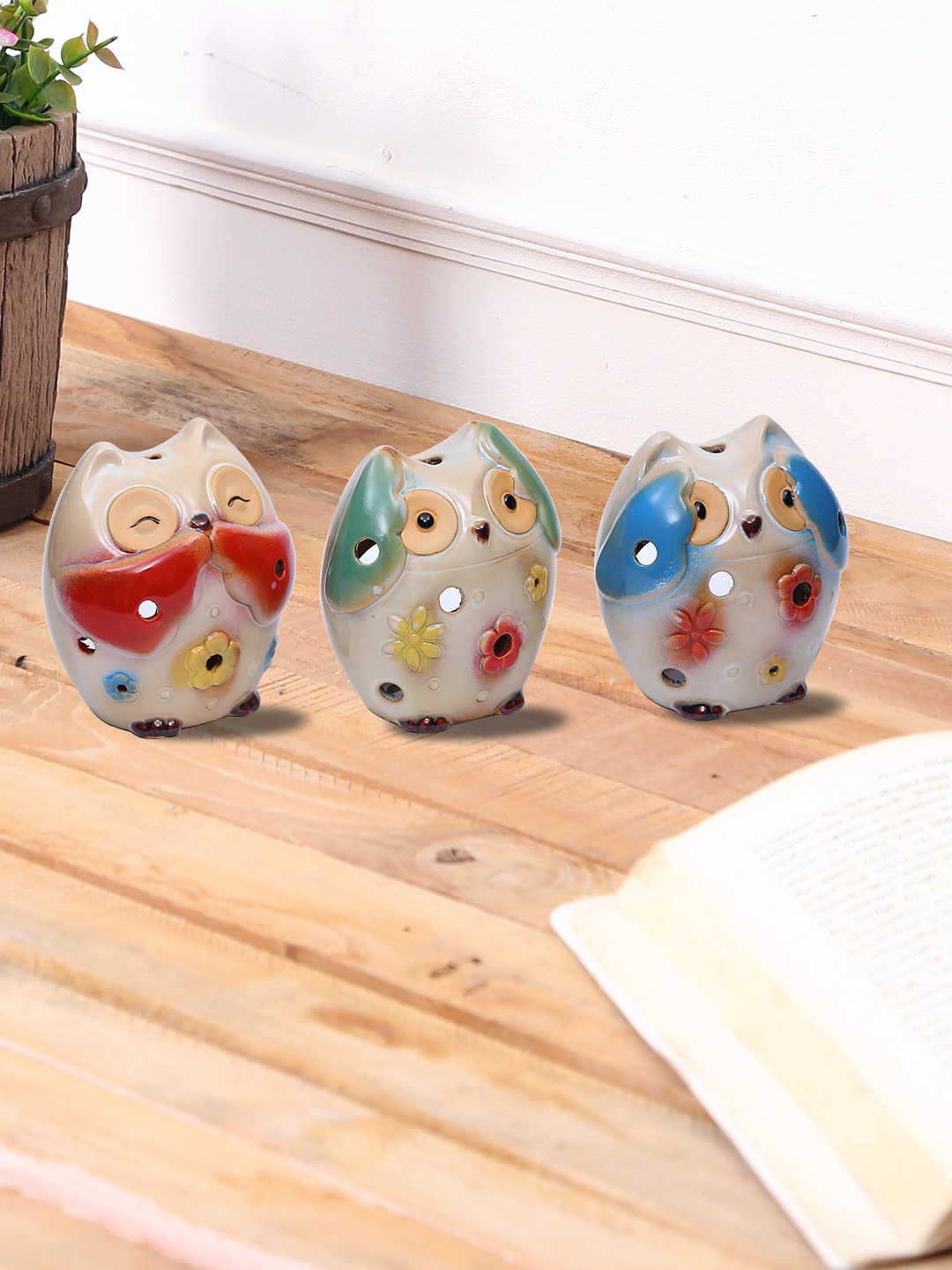 TAYHAA Laughing Owl Trio Multicoloured Ceramic Glossy Garden Set of 3 Medium Showpieces - 4.3 Inches