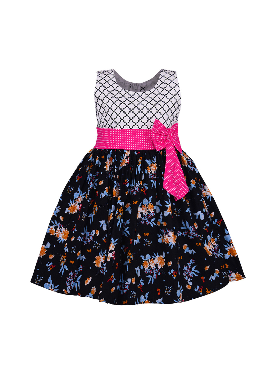Wish Karo Girls Navy Blue & White Floral Print Fit and Flare Dress