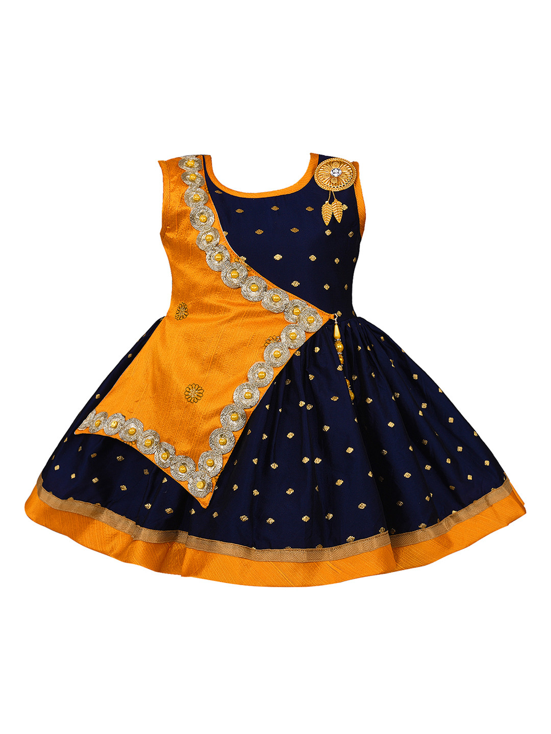 Wish Karo Girls Navy Blue & Mustard Fit and Flare Dress